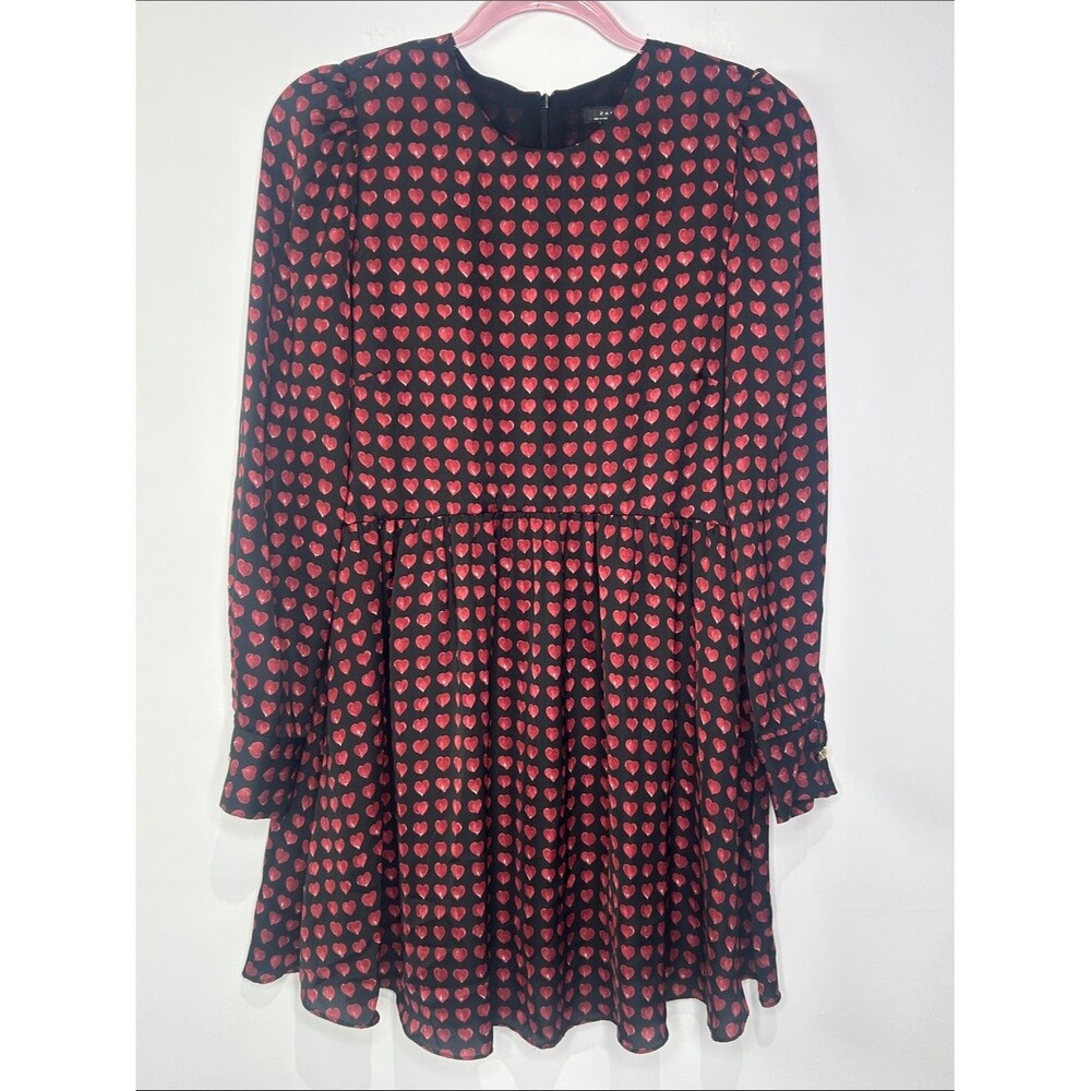 ZARA Woman Red Heart Print Long Sleeve Romper Mini Dress Black Size Small